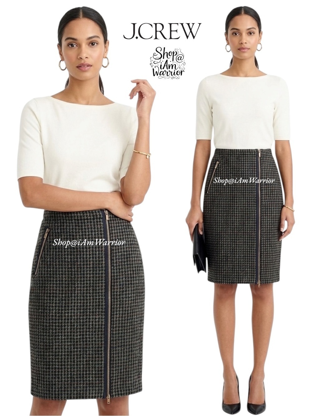 J.Crew wool houndstooth zipper moto style pencil skirt *shop@iamwarrior